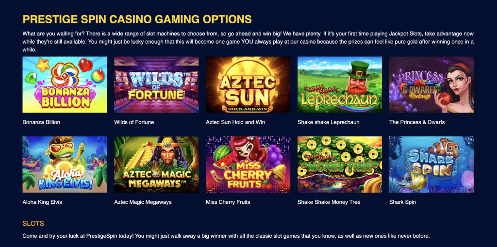 Image of Prestige Spin Casino website